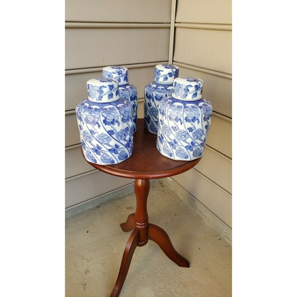 4 Jars, 8"inch Vintage Blue and White Ginger Jar Flowers Motif Spiral Form Shape - Picture 6 of 12